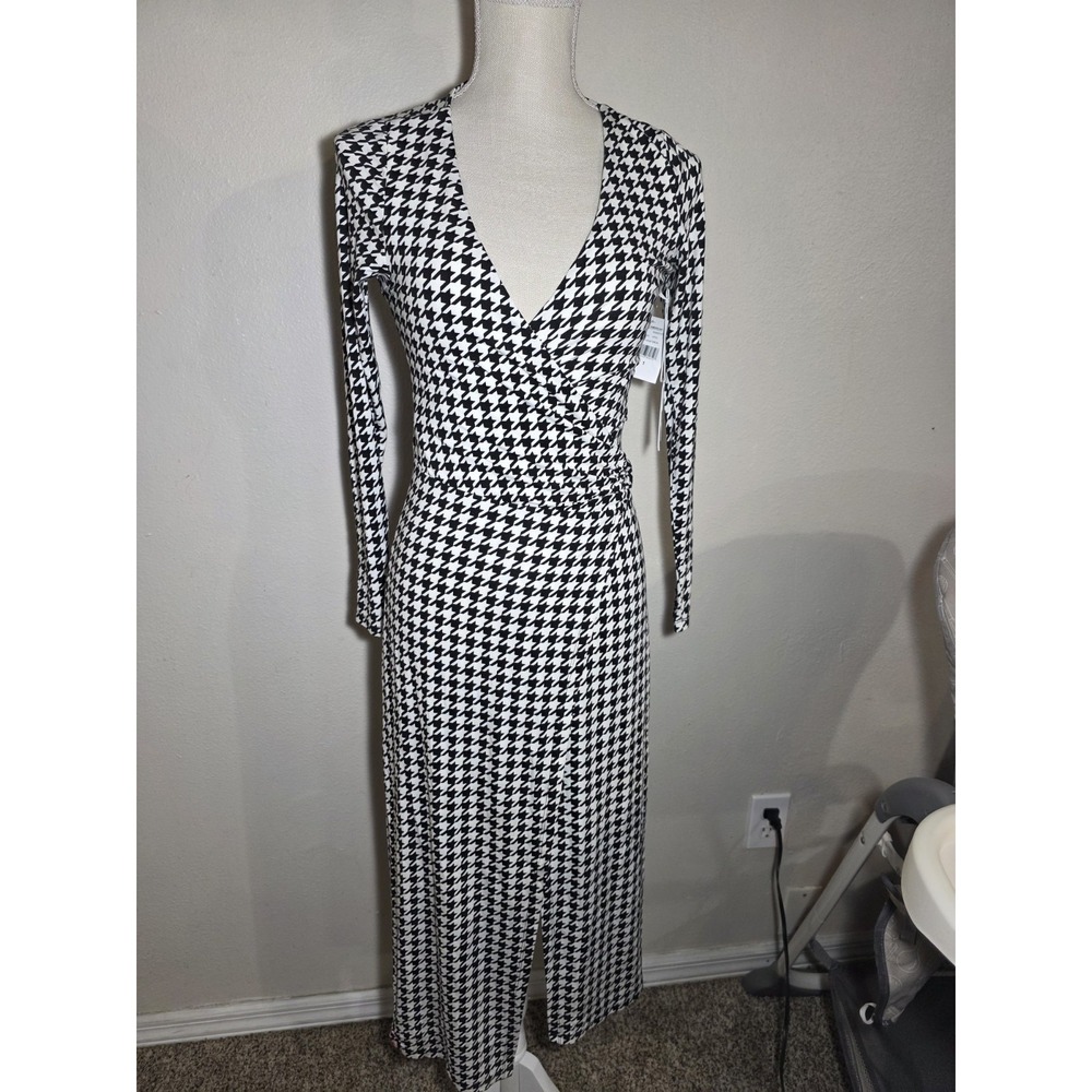 Good American Houndstooth Wrap Dress Long‎ Sleeve Tie Waist Size 1